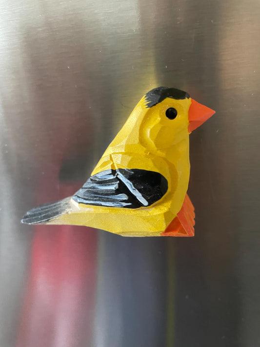 Hand Carved Wood American Goldfinch Figurine Fridge Magnet