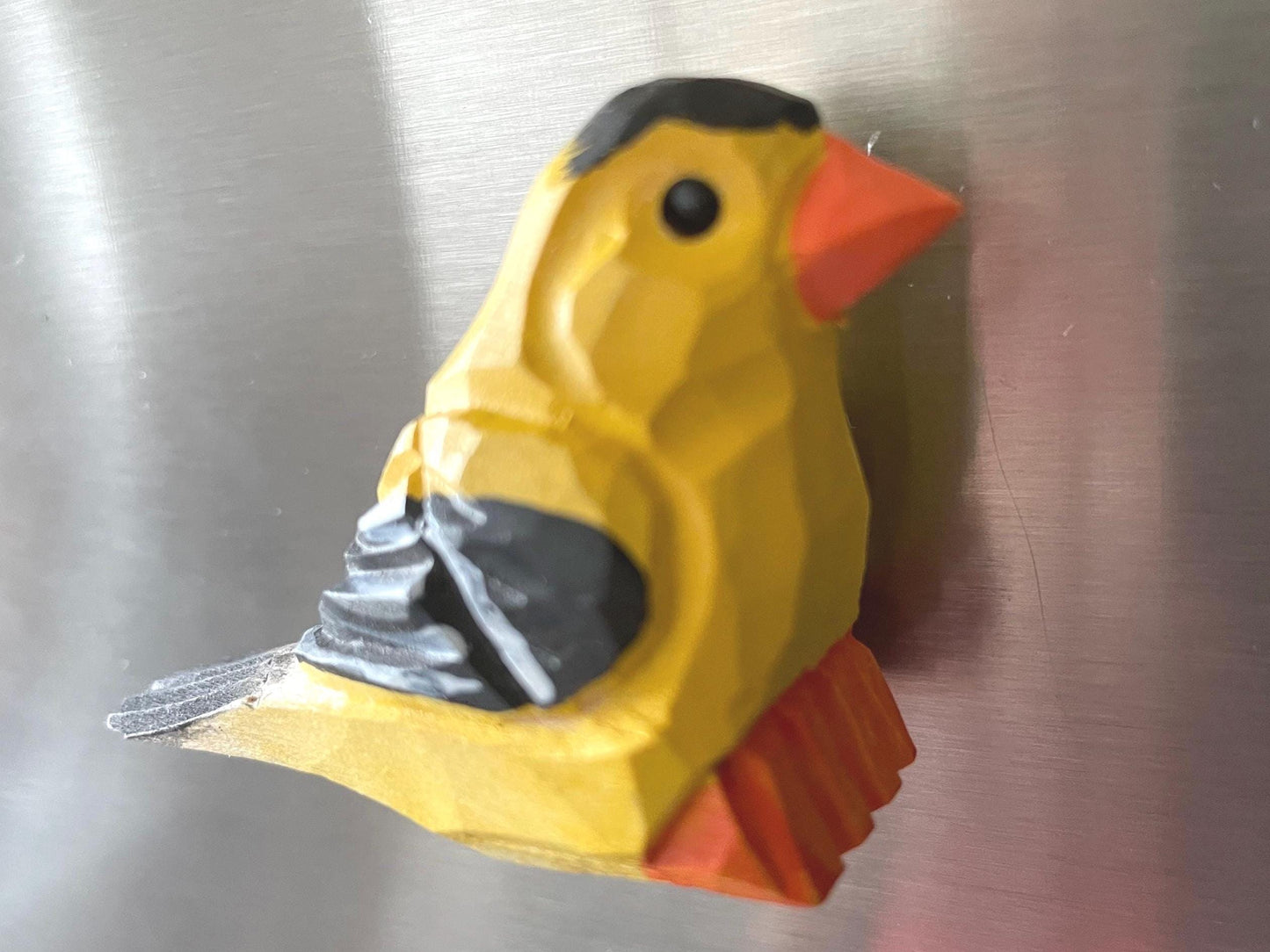 Hand Carved Wood American Goldfinch Figurine Fridge Magnet