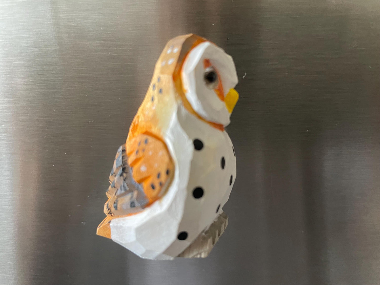 Hand-Carved Wooden Barn Owl Fridge Magnet – Rustic Mini Bird Decor