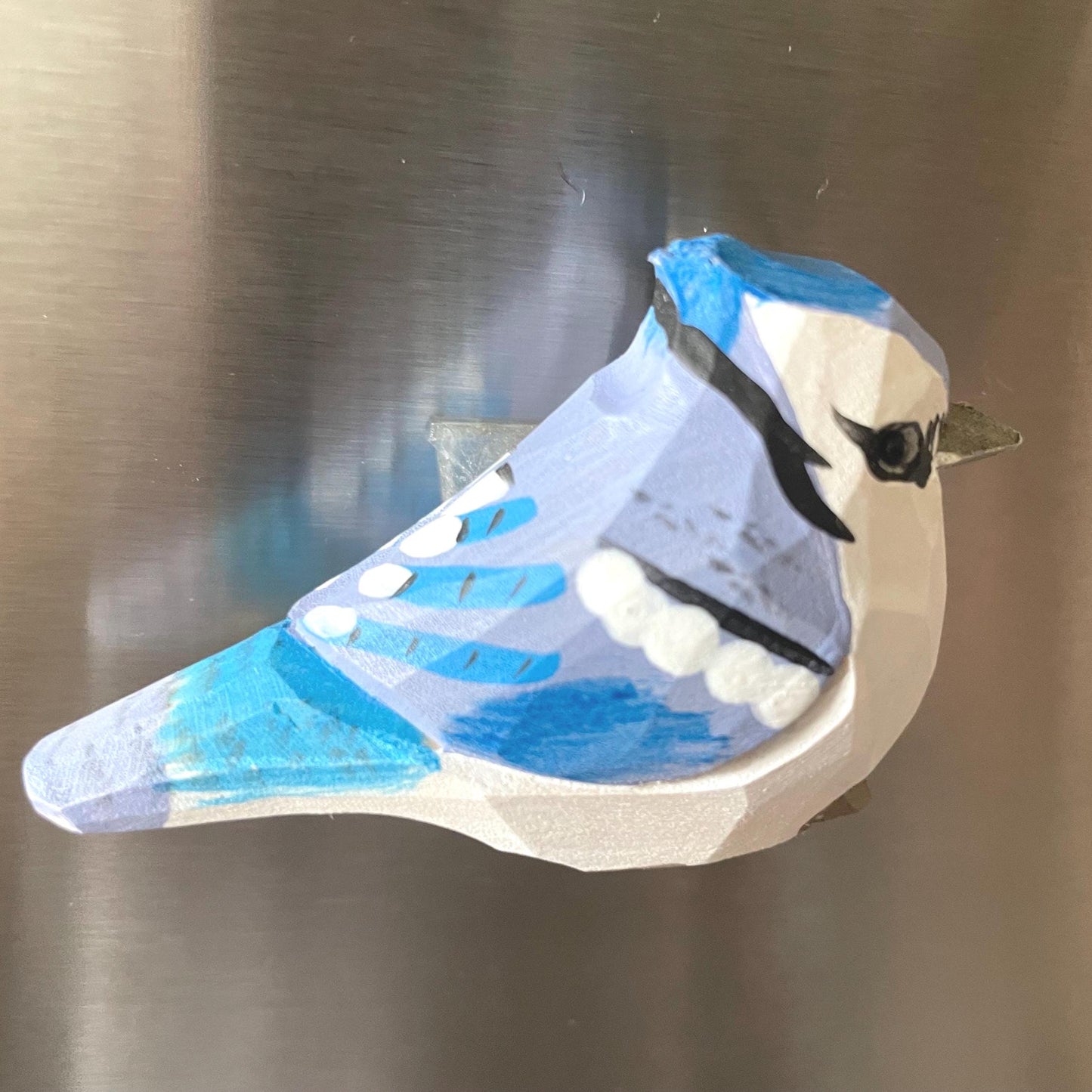 Hand-Carved Wooden Blue Jay Fridge Magnet – Miniature Bird Figurine Décor