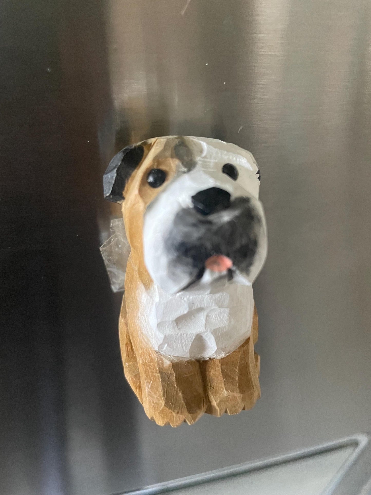 Hand Carved Wooden Bulldog Puppy Fridge Magnet: Rustic Decor