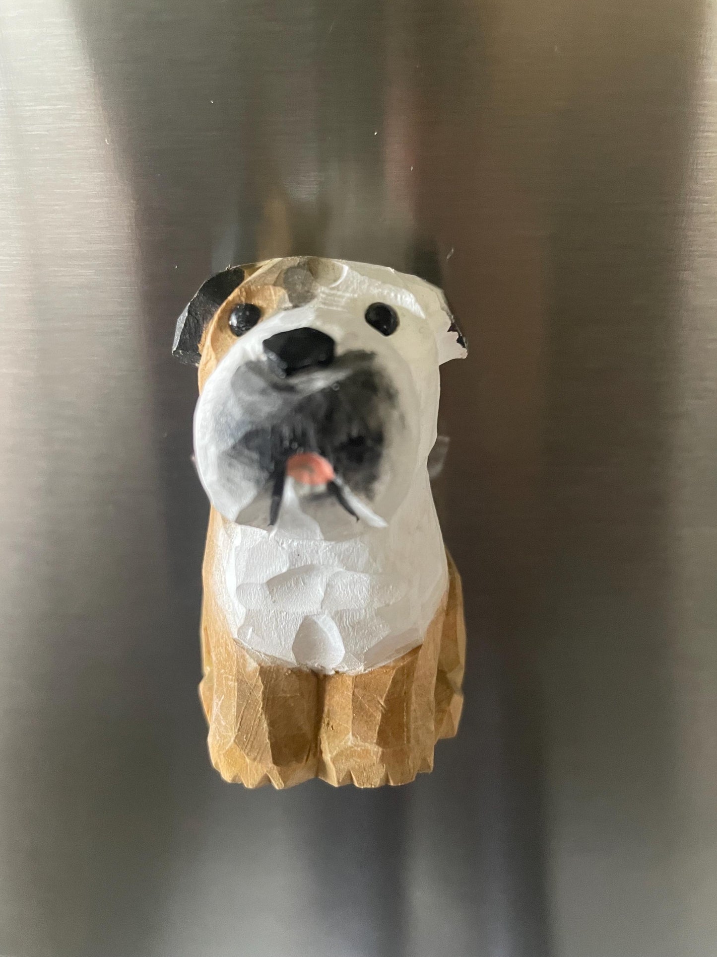 Hand Carved Wooden Bulldog Puppy Fridge Magnet: Rustic Decor