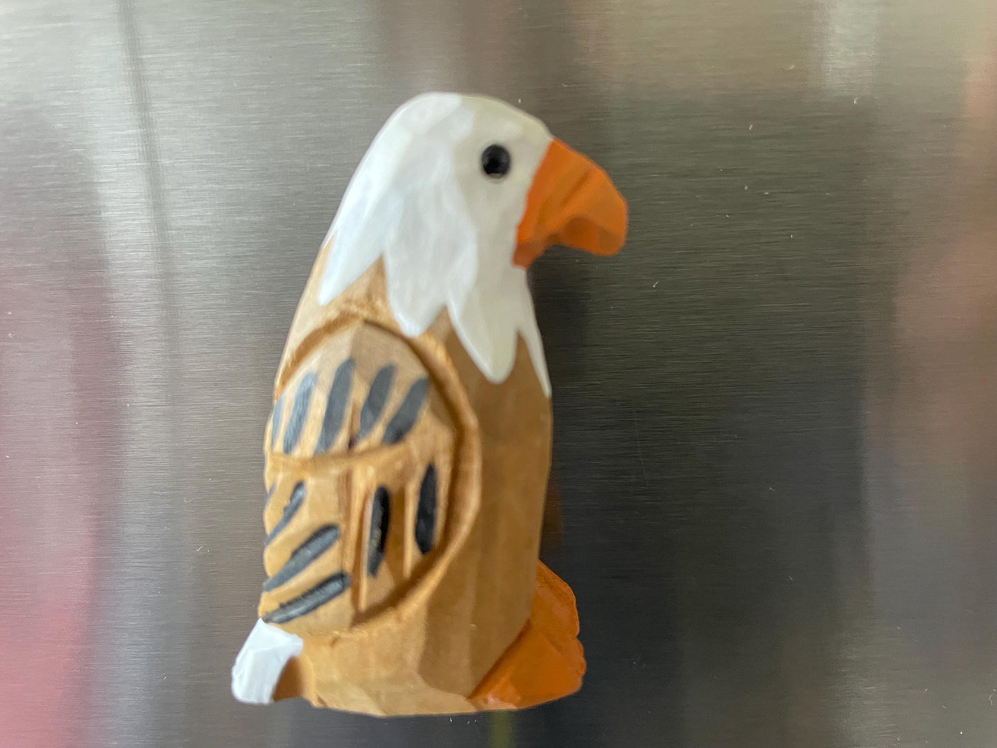 Hand Carved Wood Bald Eagle Figurine Fridge Magnet