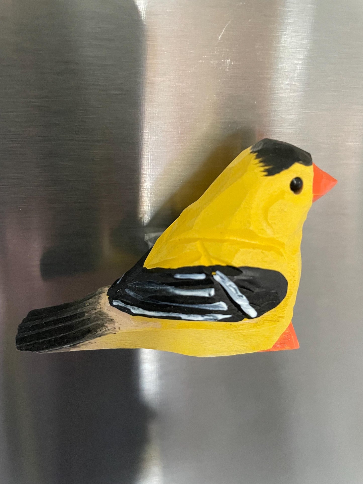 Hand Carved Wood American Goldfinch Figurine Fridge Magnet