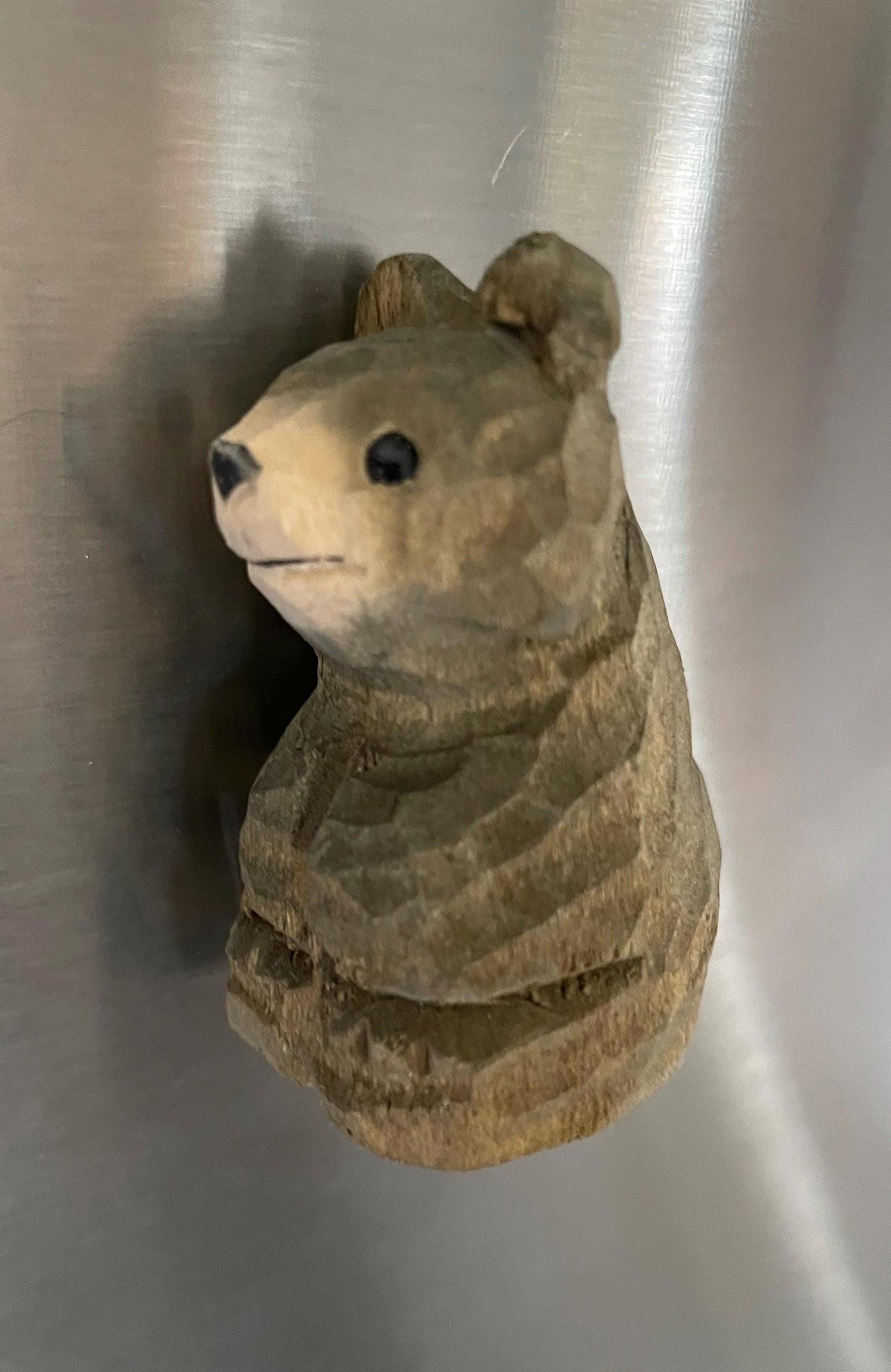 Handmade Carved Wood Brown Bear Fridge Magnet: Forest Animal Decor