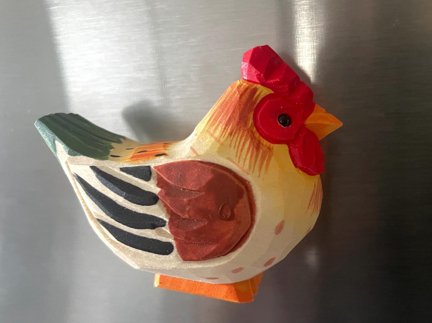 Handmade Wood Chicken Hen Fridge Magnet: Carved Miniature Animal Figurine