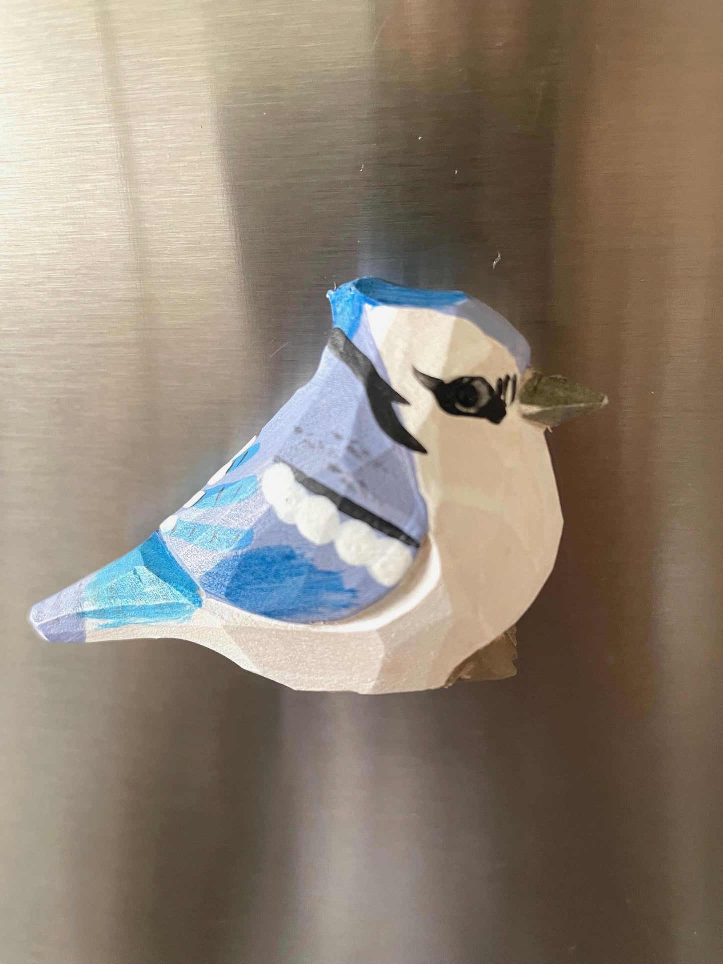 Hand-Carved Wooden Blue Jay Fridge Magnet – Miniature Bird Figurine Décor