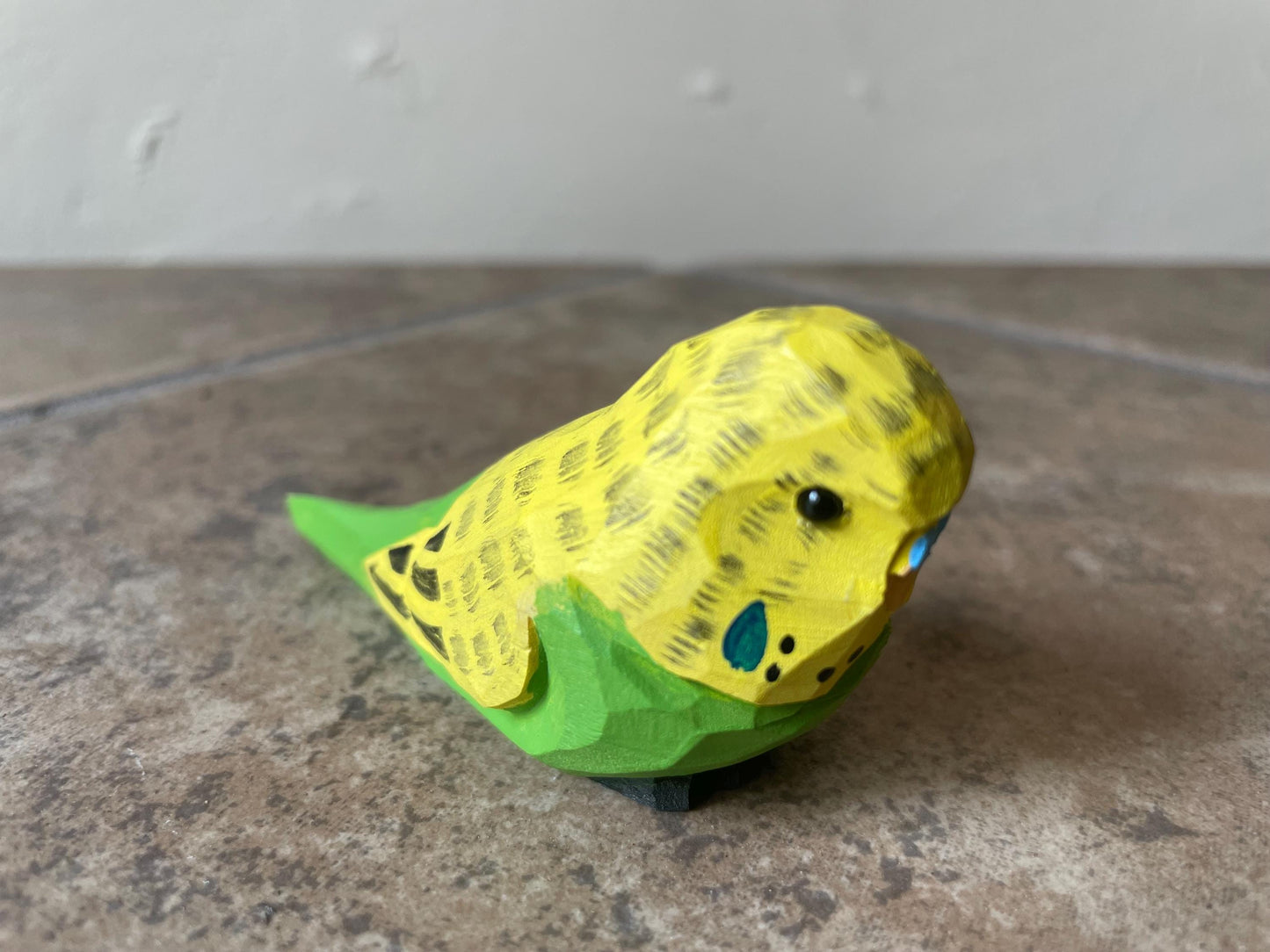 Hand-Carved Yellow Wooden Parakeet Budgie Figurine: Miniature Parakeet Bird Decor