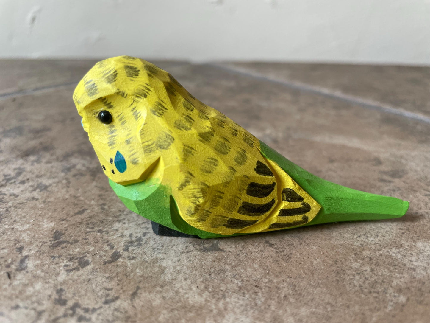 Hand-Carved Yellow Wooden Parakeet Budgie Figurine: Miniature Parakeet Bird Decor