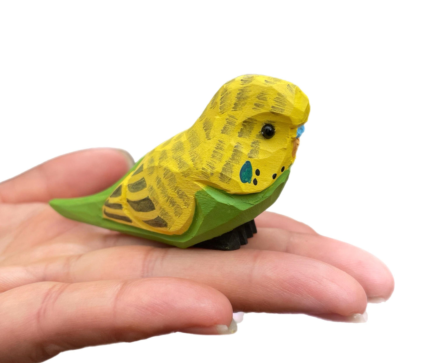 Hand-Carved Yellow Wooden Parakeet Budgie Figurine: Miniature Parakeet Bird Decor