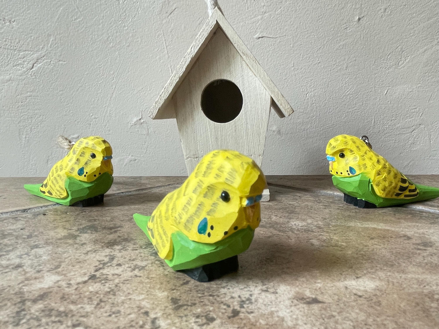 Hand-Carved Yellow Wooden Parakeet Budgie Figurine: Miniature Parakeet Bird Decor
