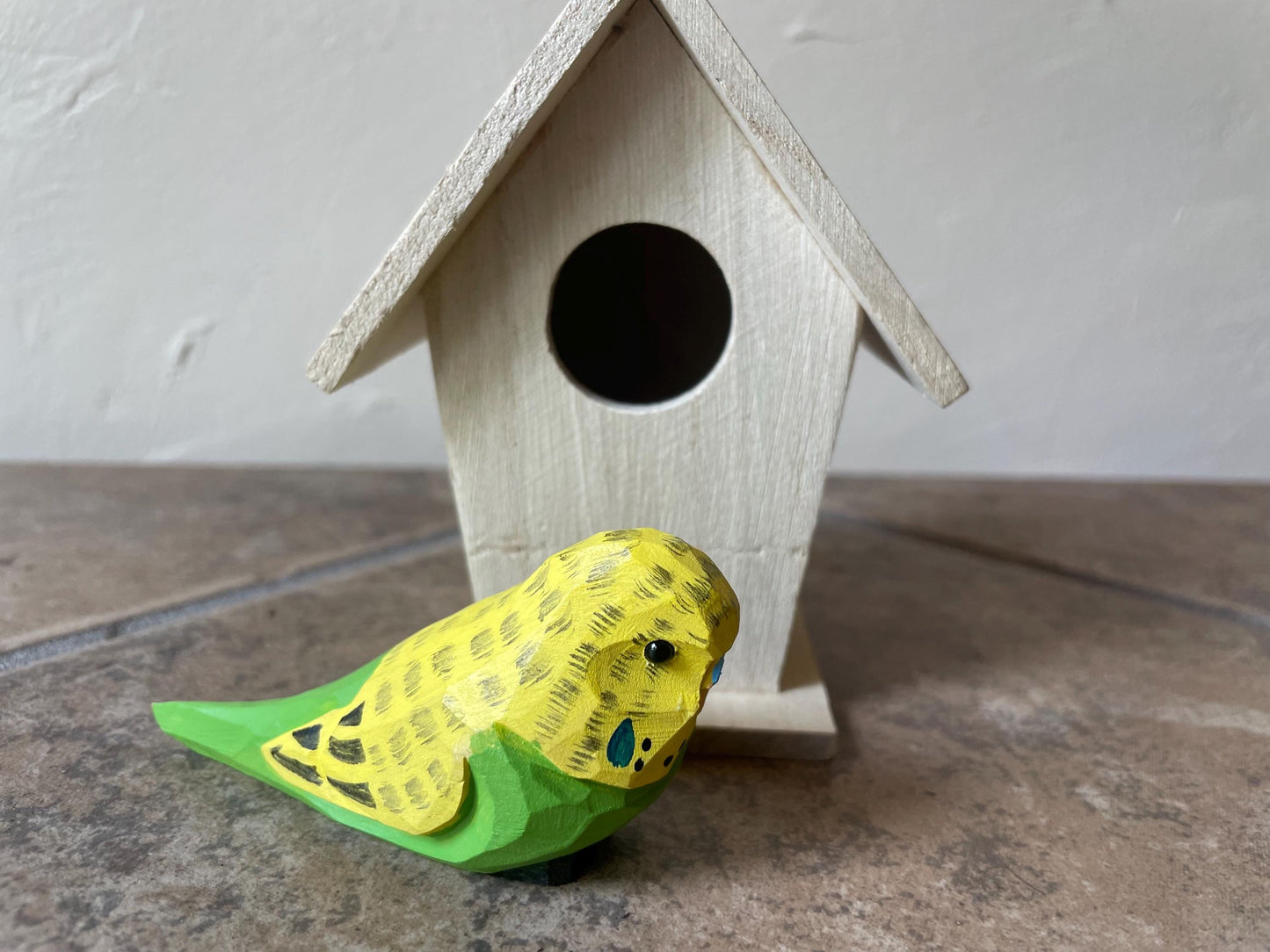 Hand-Carved Yellow Wooden Parakeet Budgie Figurine: Miniature Parakeet Bird Decor