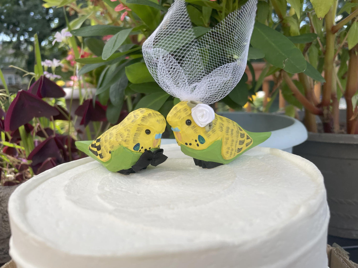 Parakeet Wedding Cake Topper Love Birds Budgie Bride Groom Engagement Anniversary Carved Wood Statue