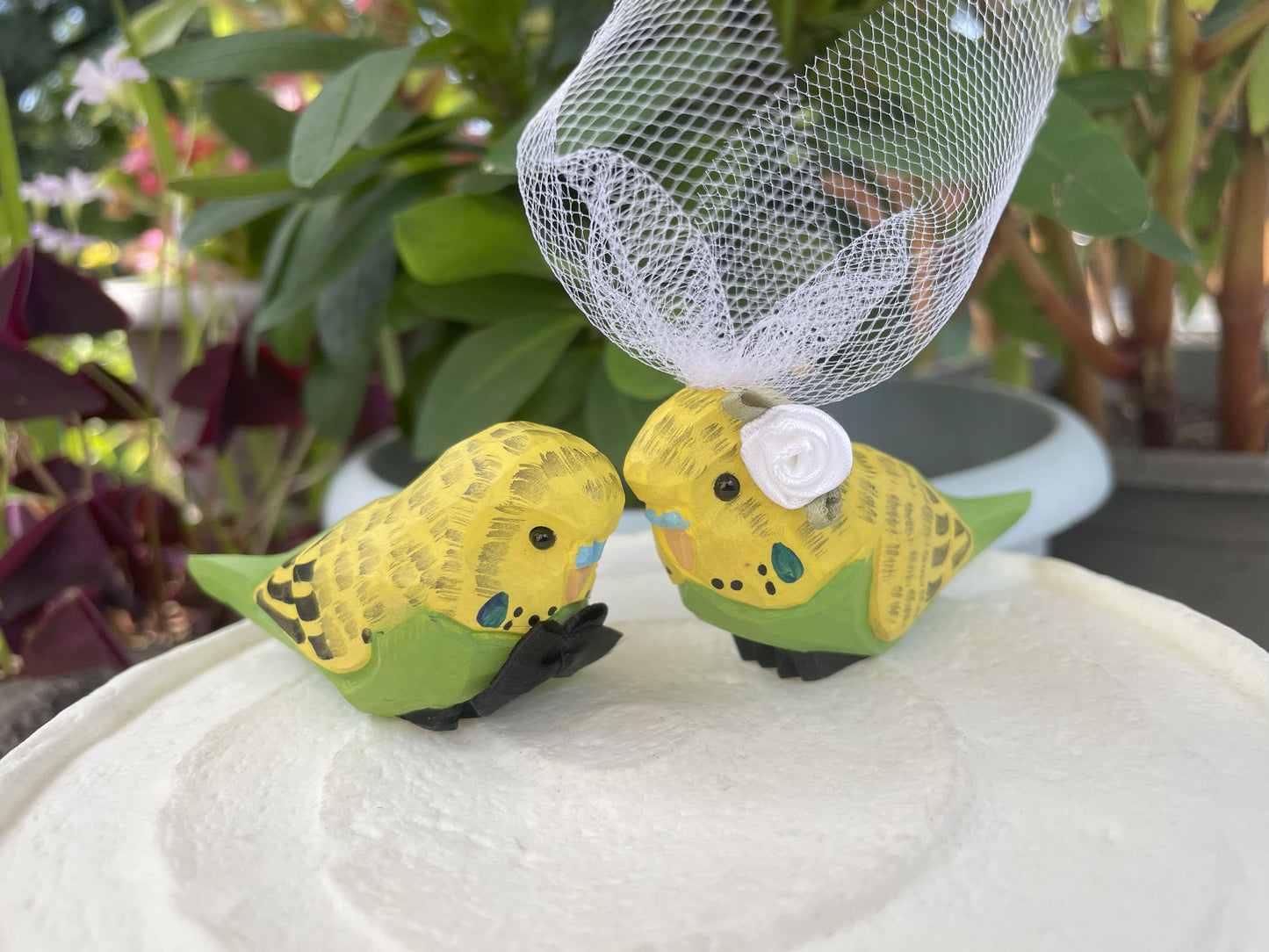 Parakeet Wedding Cake Topper Love Birds Budgie Bride Groom Engagement Anniversary Carved Wood Statue