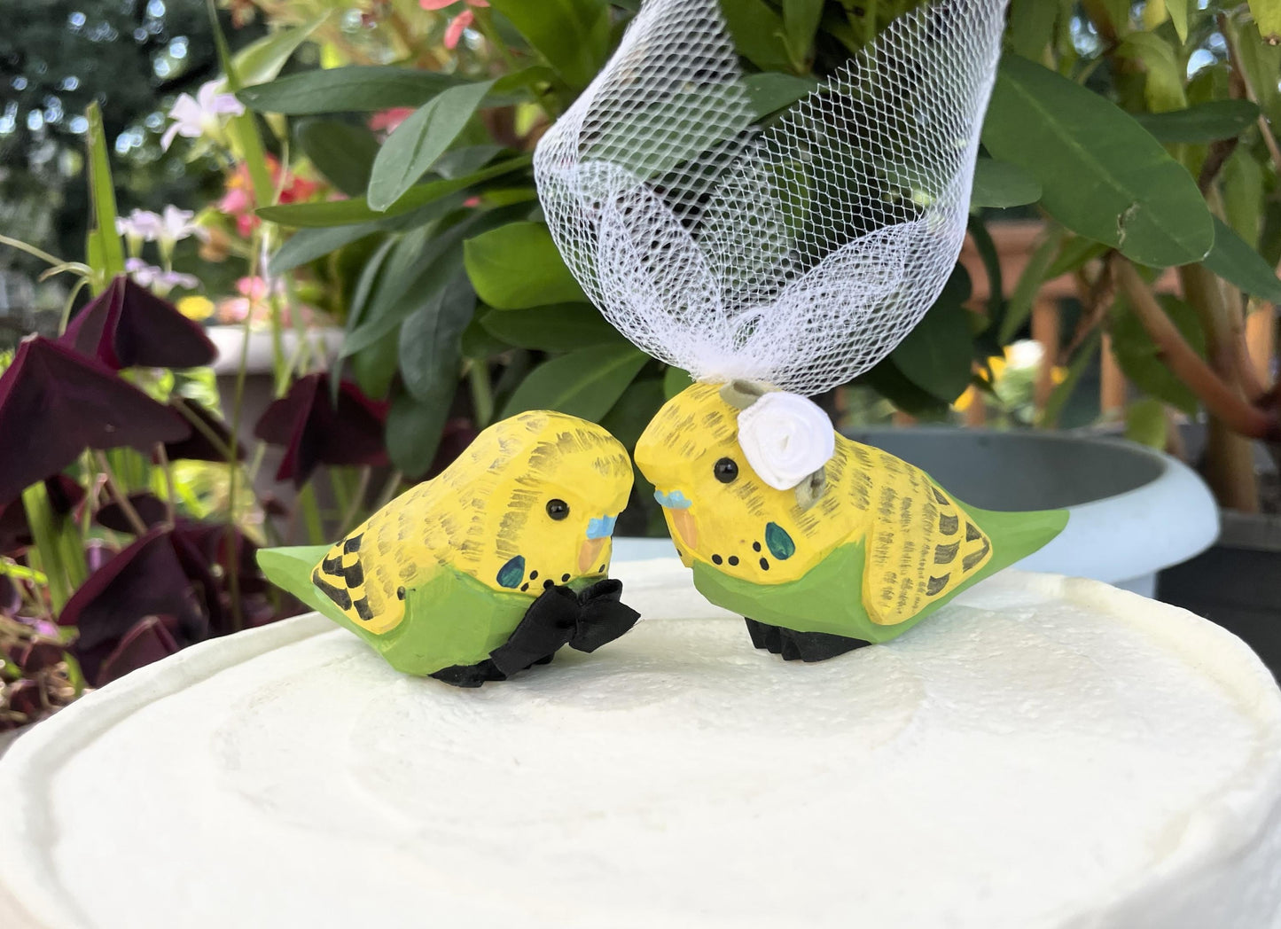 Parakeet Wedding Cake Topper Love Birds Budgie Bride Groom Engagement Anniversary Carved Wood Statue