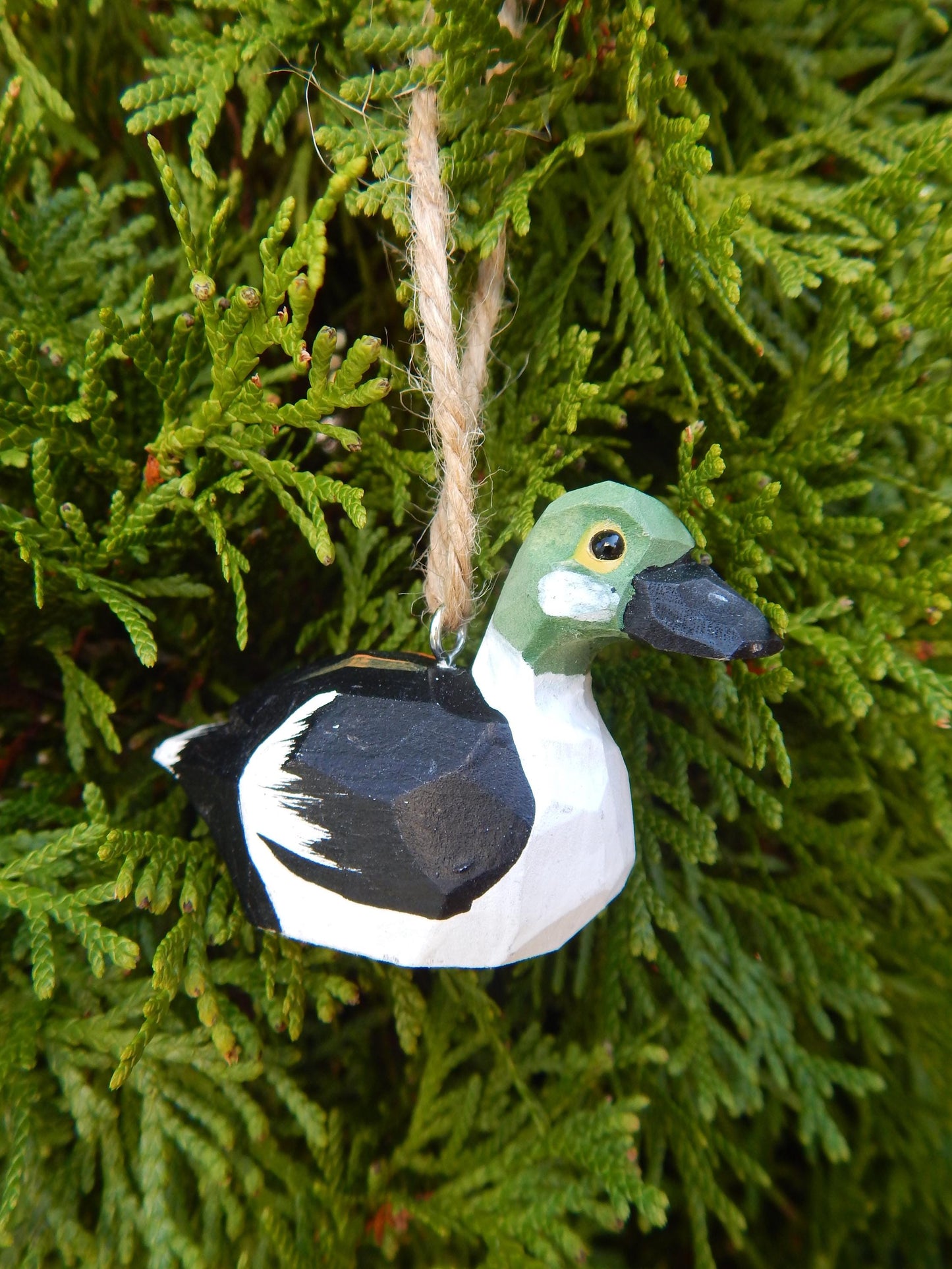 Handmade Wooden Goldeneye Duck Ornament: Small Hanging Carved Figurine