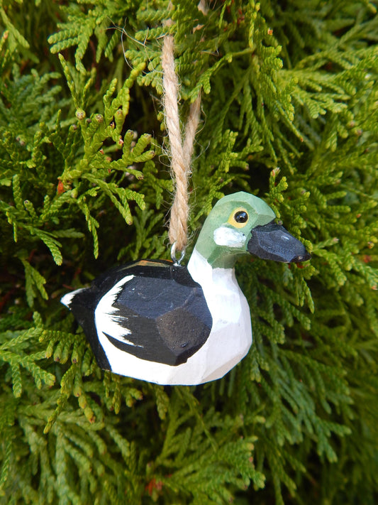 Handmade Wooden Goldeneye Duck Ornament: Small Hanging Carved Figurine