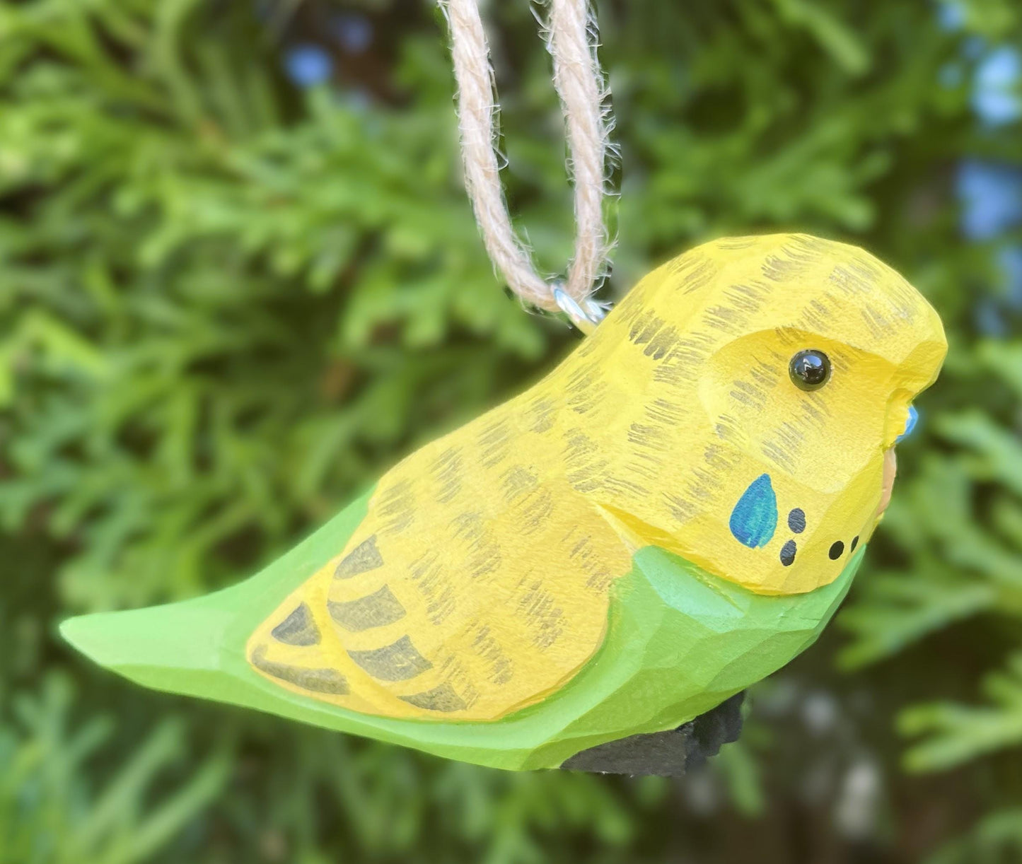 Hand-Carved Wooden Parakeet Ornament – Budgie Rustic Hanging Decor