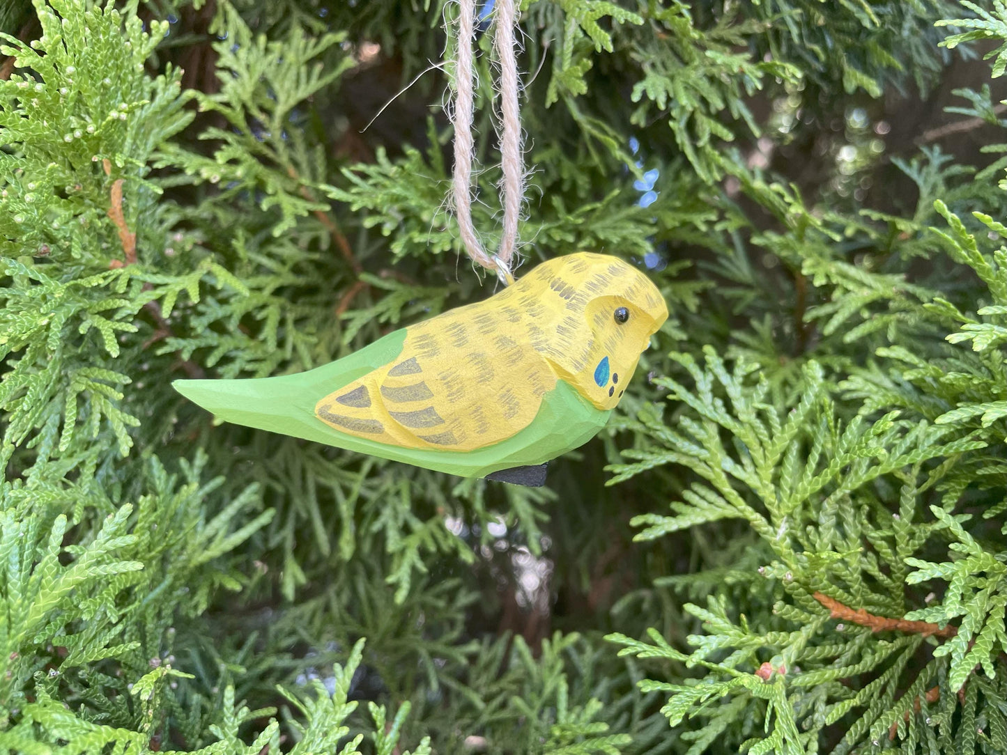 Hand-Carved Wooden Parakeet Ornament – Budgie Rustic Hanging Decor