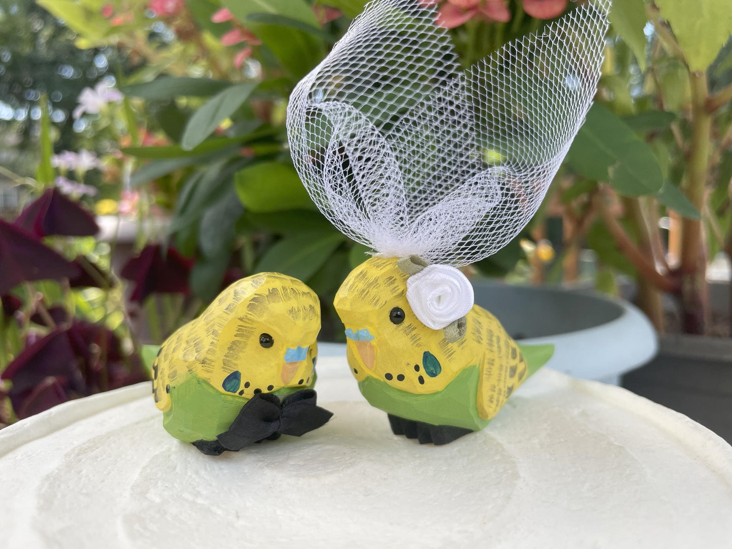 Parakeet Wedding Cake Topper Love Birds Budgie Bride Groom Engagement Anniversary Carved Wood Statue