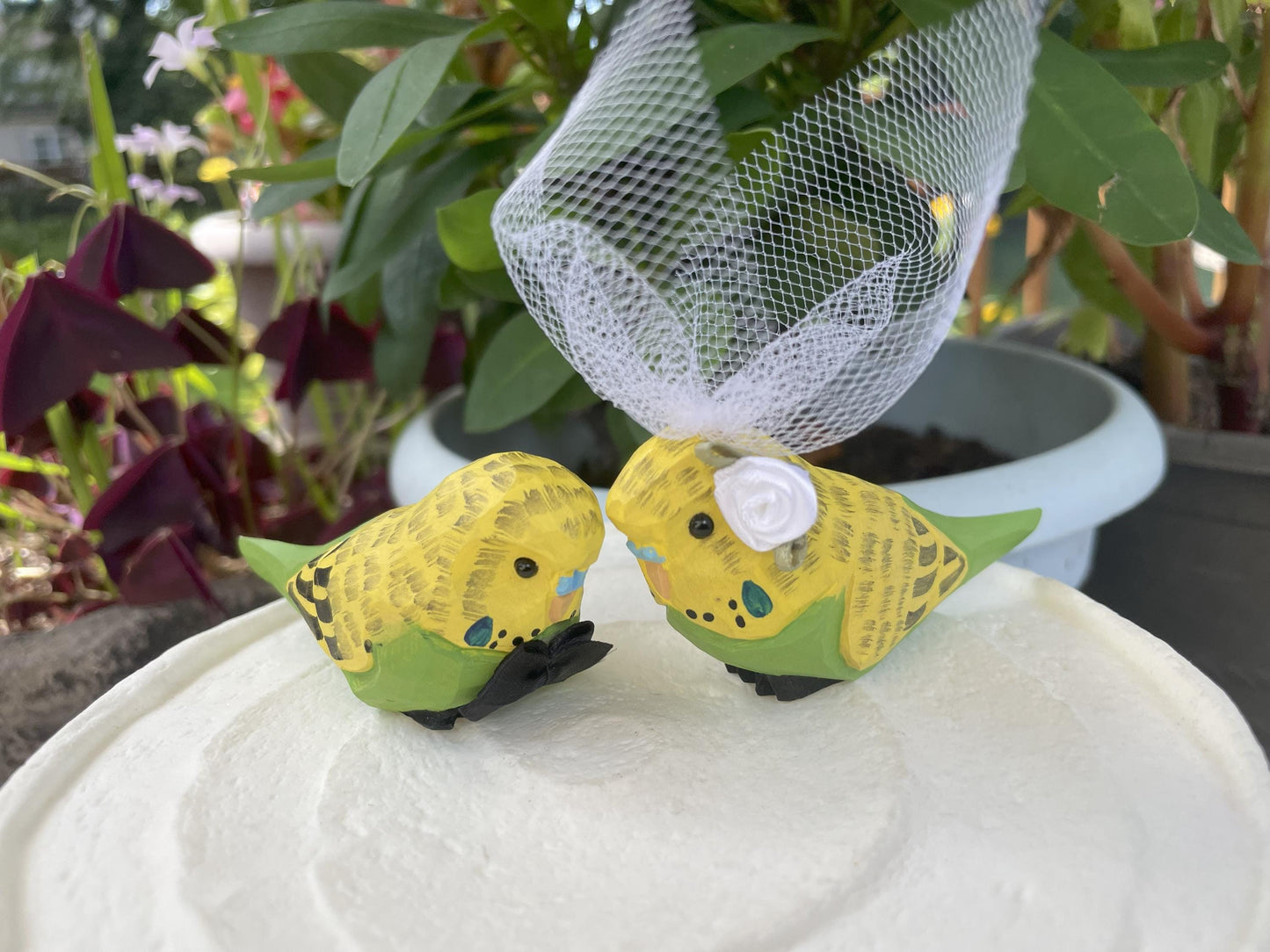 Parakeet Wedding Cake Topper Love Birds Budgie Bride Groom Engagement Anniversary Carved Wood Statue