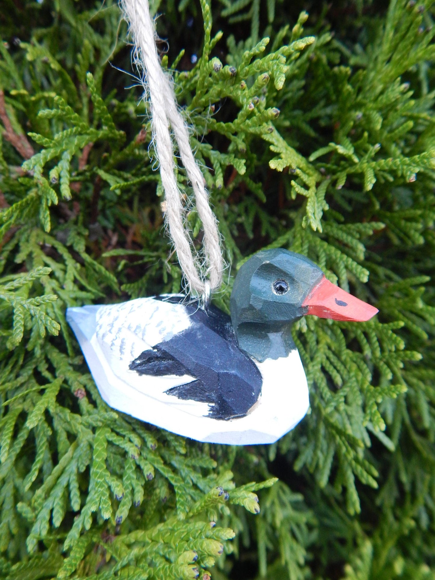 Hand-Carved Wooden Merganser Duck Ornament: Miniature Bird Figurine Décor