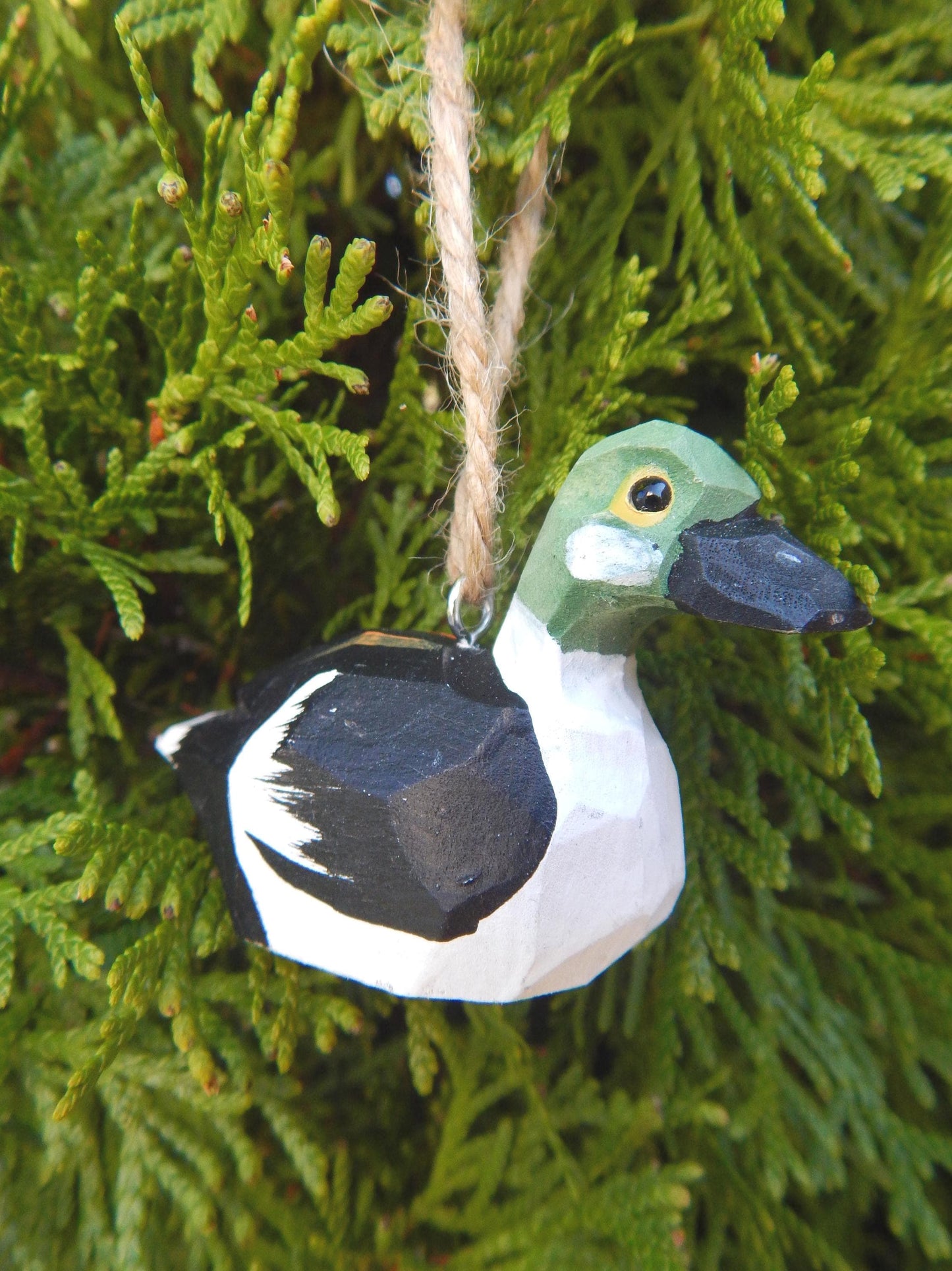 Handmade Wooden Goldeneye Duck Ornament: Small Hanging Carved Figurine