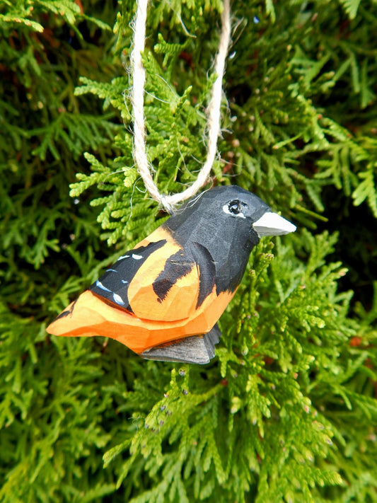 Hand-Carved Wooden Oriole Bird Ornament – Miniature Songbird Decor