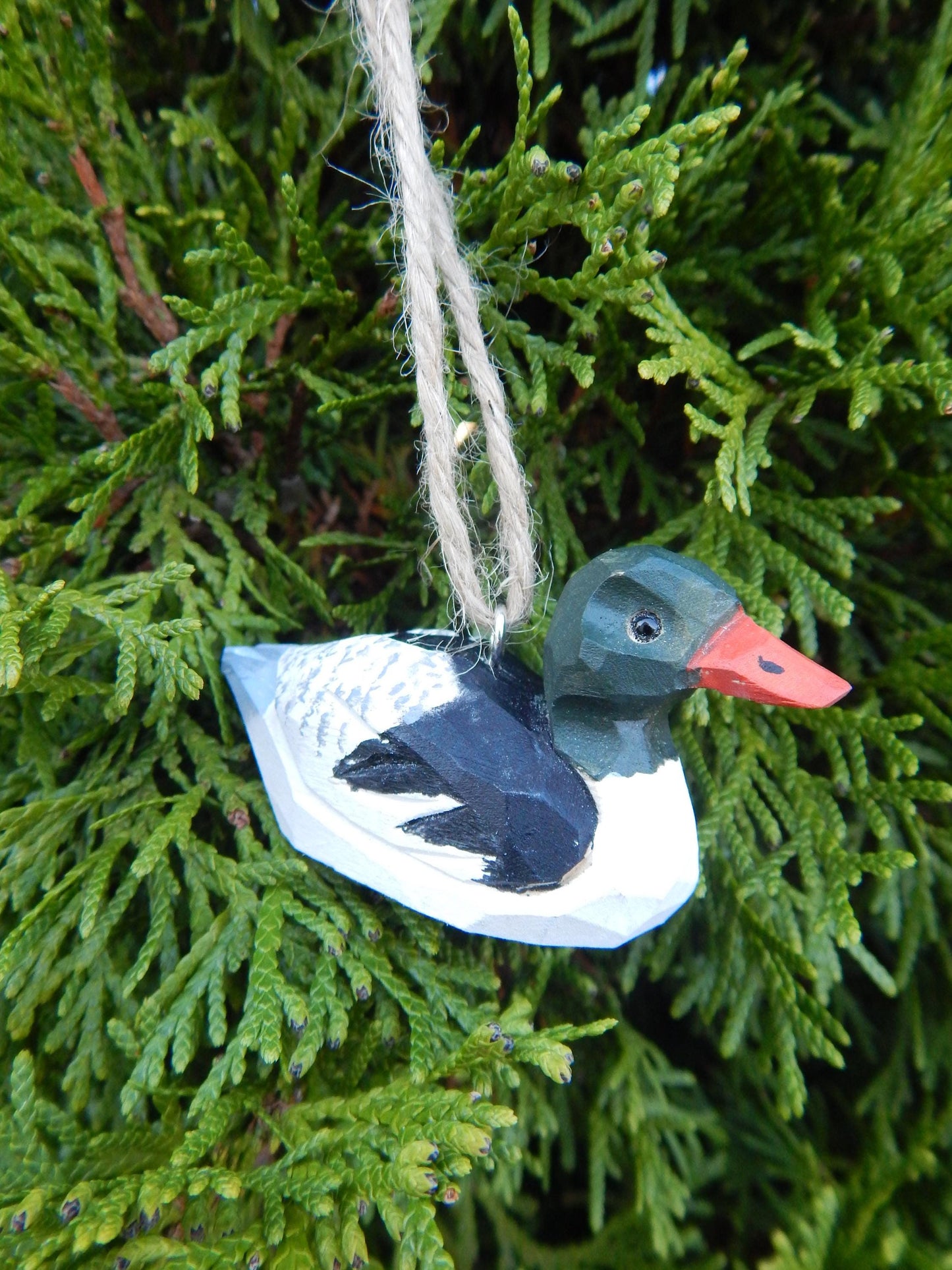 Hand-Carved Wooden Merganser Duck Ornament: Miniature Bird Figurine Décor