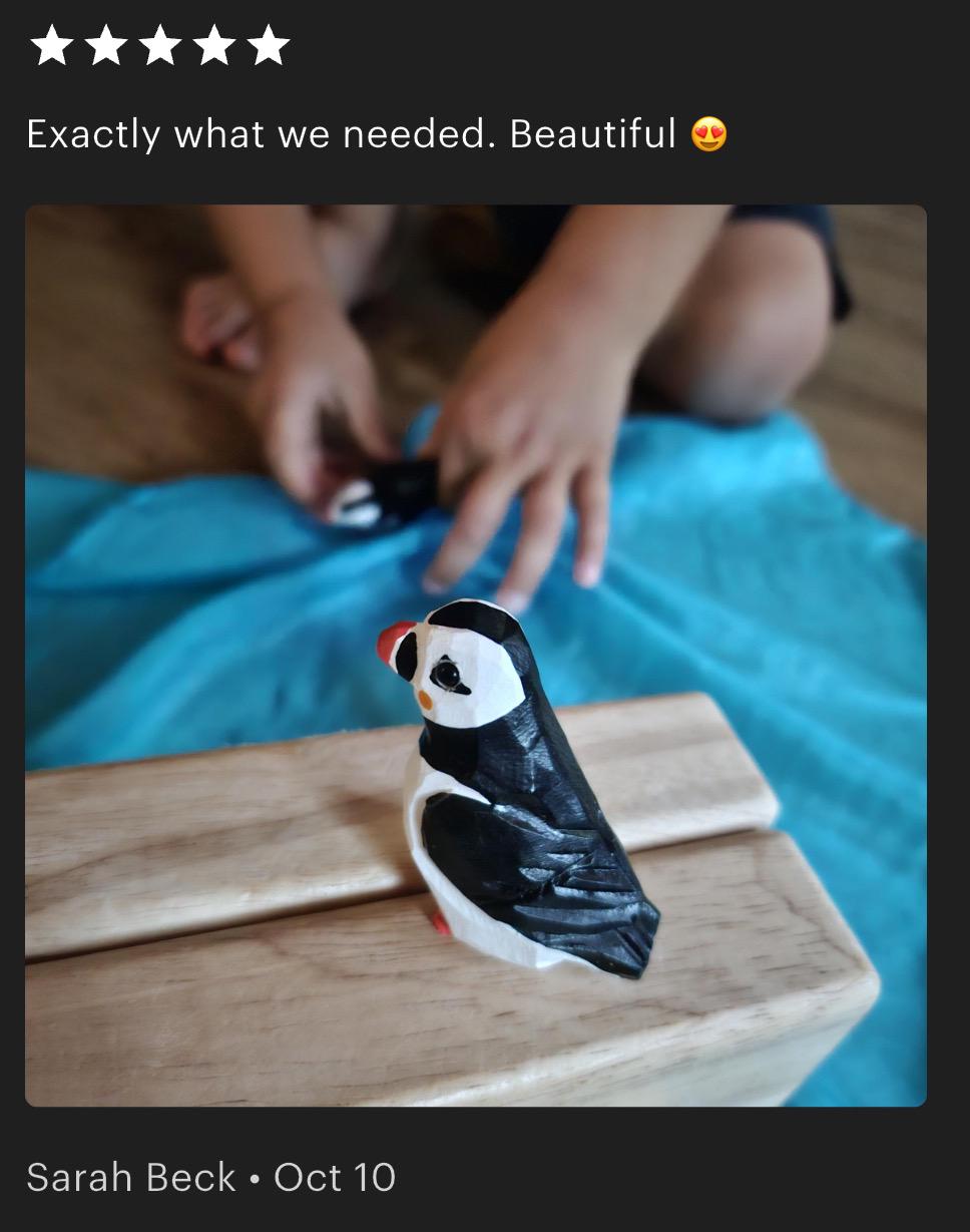 Hand-Painted Wooden Puffin Ornament – Recycled Arctic Bird Art Miniature Carving