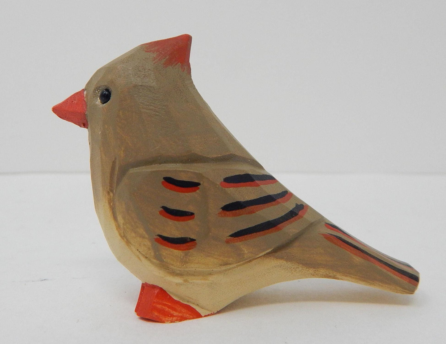 Hand-Carved Female Cardinal Keychain: Hook Clip Miniature Wooden Red Bird Figurine