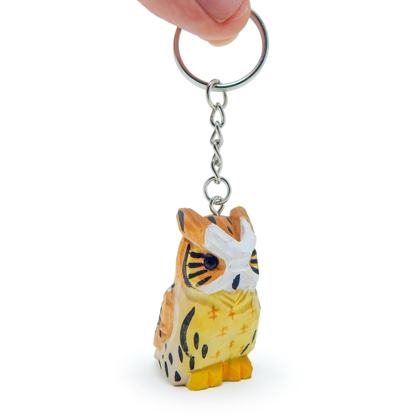 Hand-Carved Wooden Owl Keychain: Ring Hook Clip Bird Figurine Small Animal