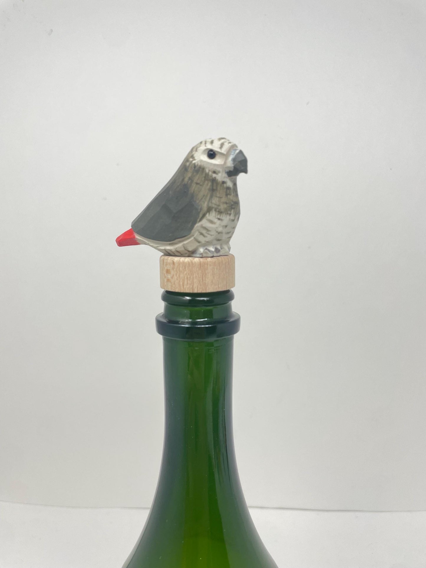 Handmade African Grey Parrot Wine Stopper – Rustic Reusable Bottle Plug