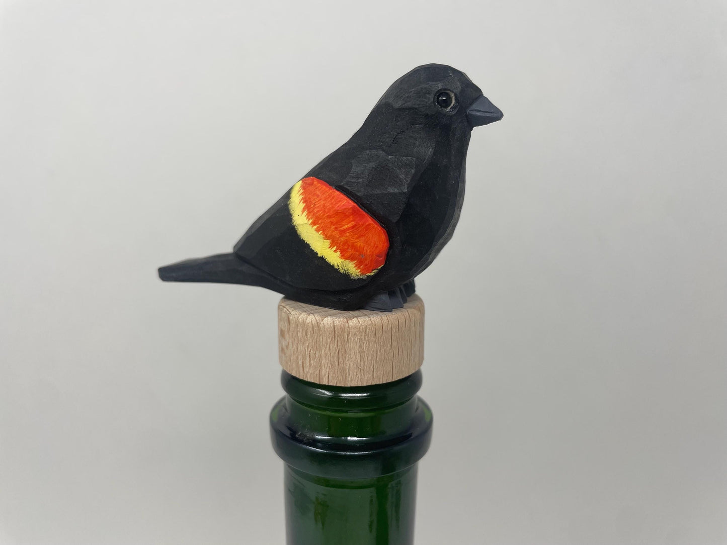 Handmade Red-Winged Blackbird Wine Stopper – Rustic Reusable Bottle Plug