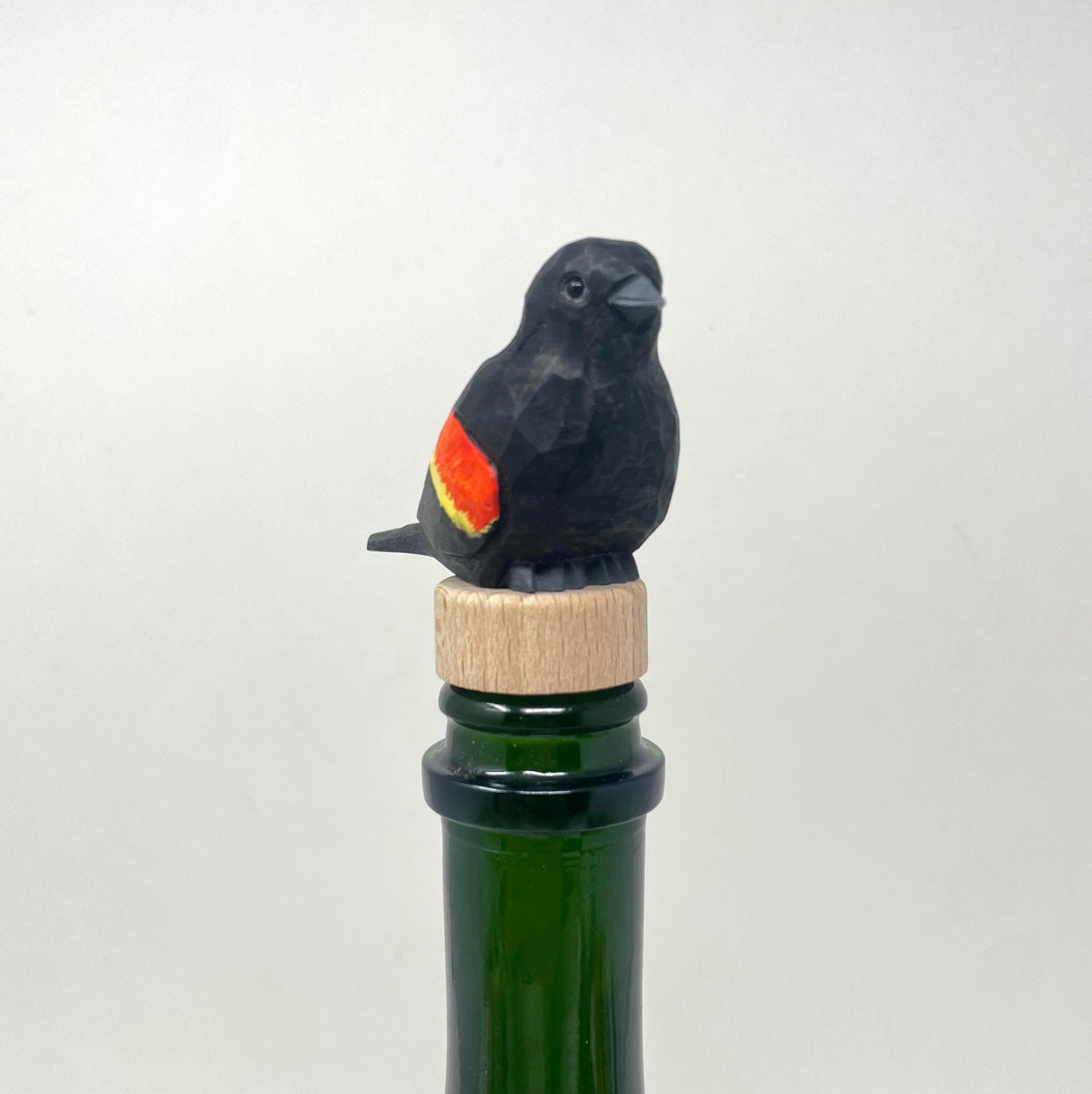 Handmade Red-Winged Blackbird Wine Stopper – Rustic Reusable Bottle Plug