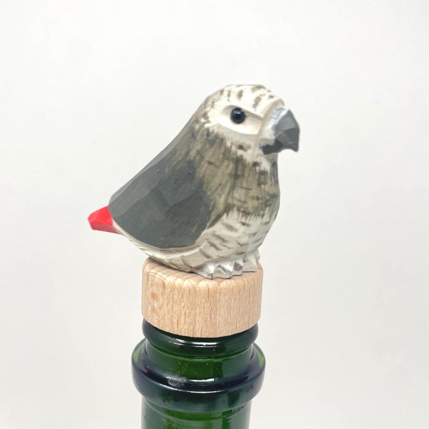 Handmade African Grey Parrot Wine Stopper – Rustic Reusable Bottle Plug