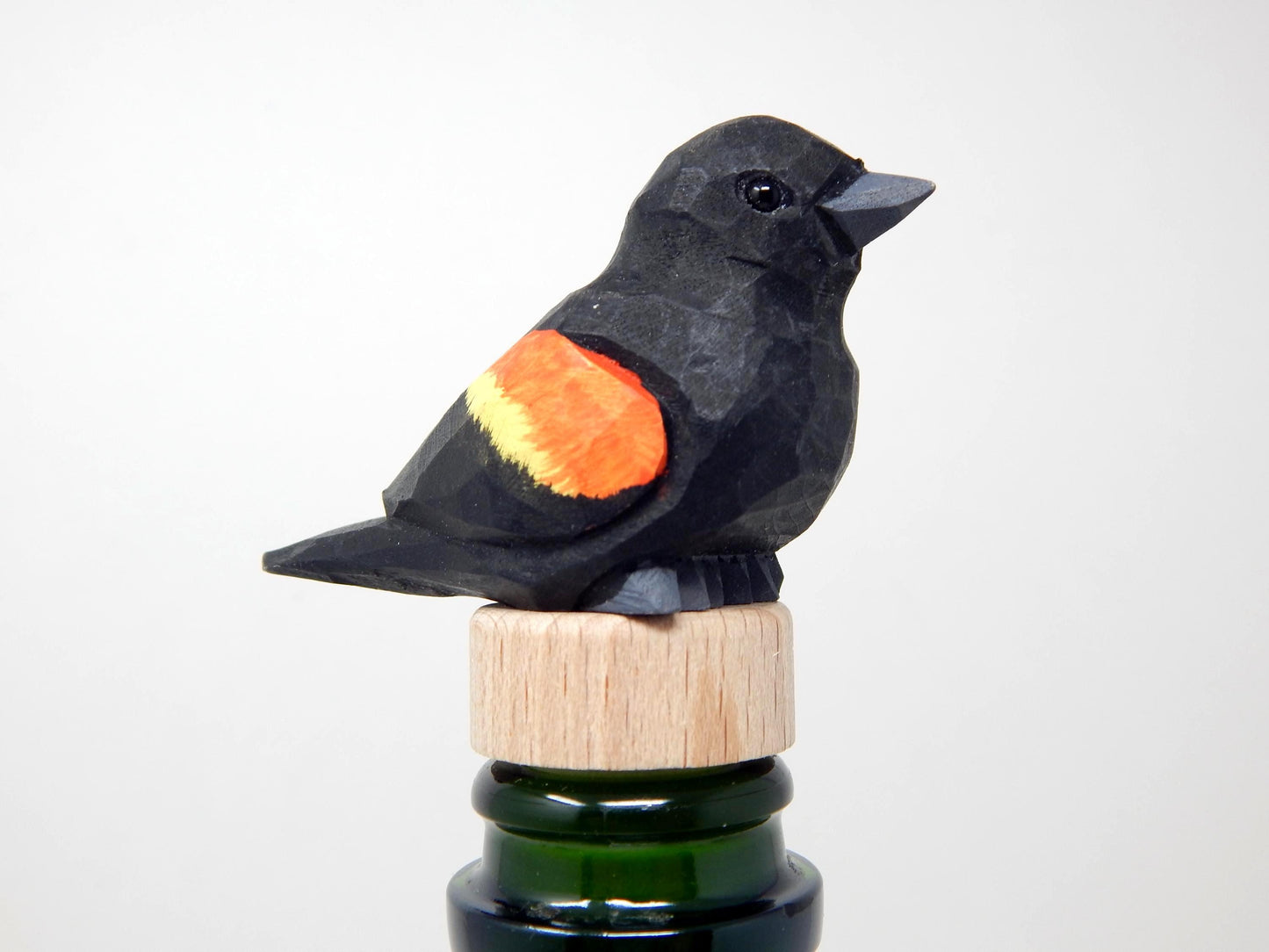 Handmade Red-Winged Blackbird Wine Stopper – Rustic Reusable Bottle Plug