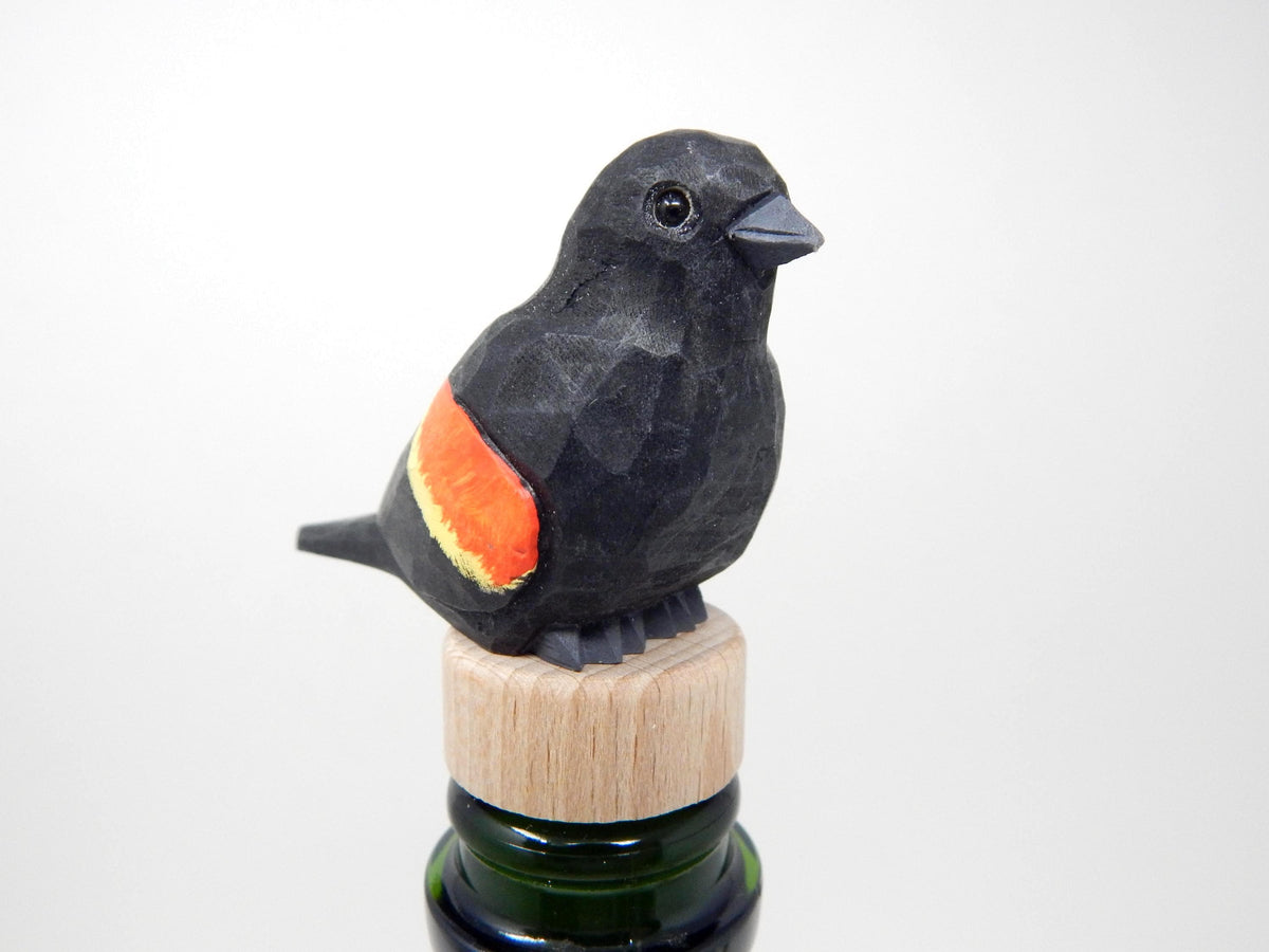 Handmade Red-Winged Blackbird Wine Stopper – Rustic Reusable Bottle Plug