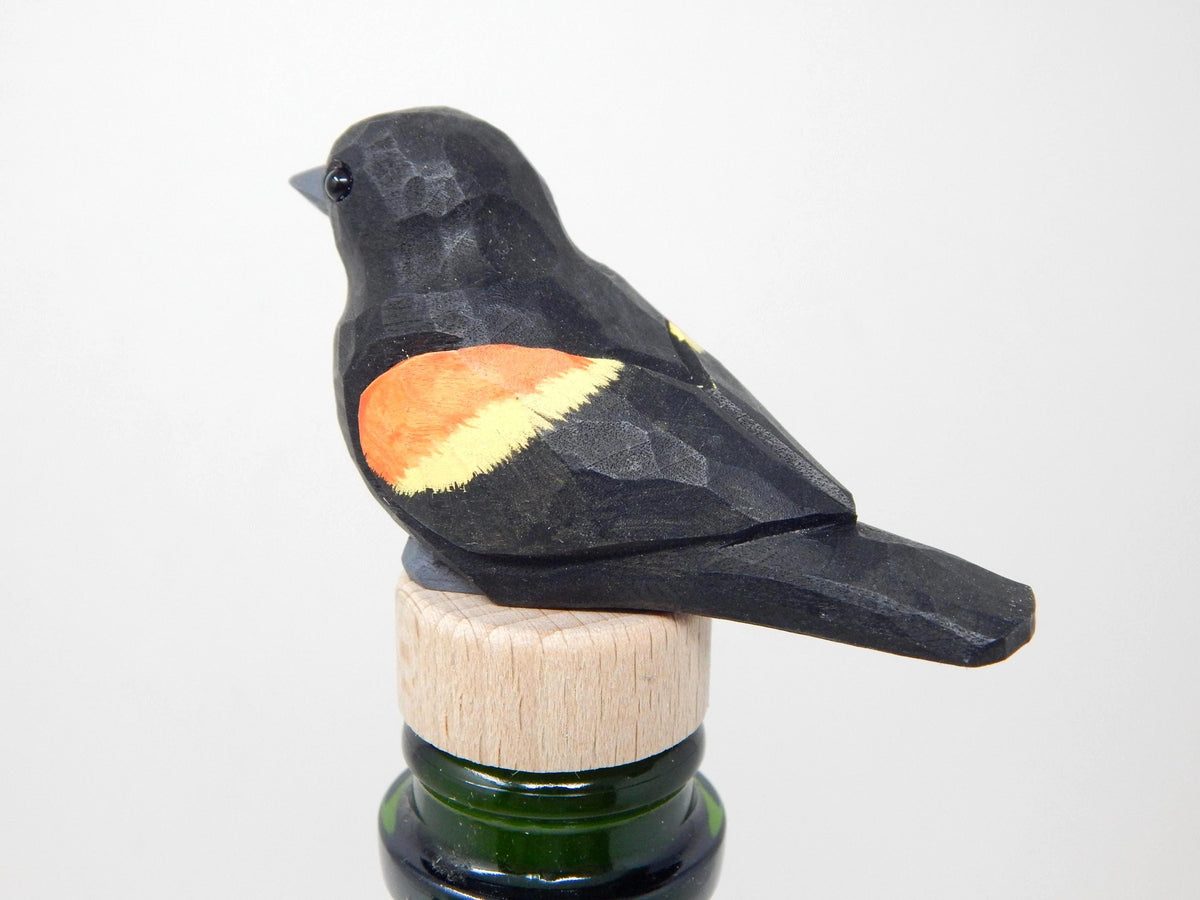 Handmade Red-Winged Blackbird Wine Stopper – Rustic Reusable Bottle Plug