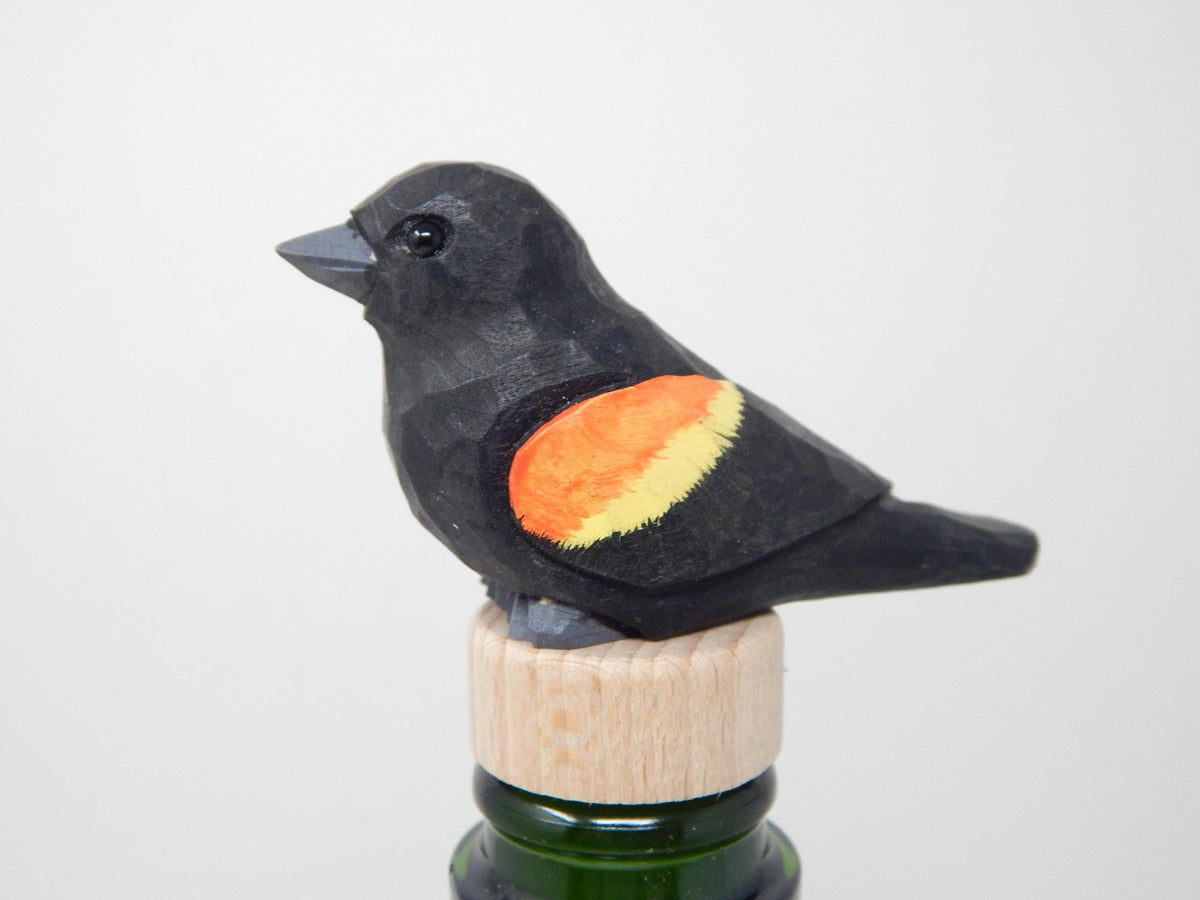 Handmade Red-Winged Blackbird Wine Stopper – Rustic Reusable Bottle Plug
