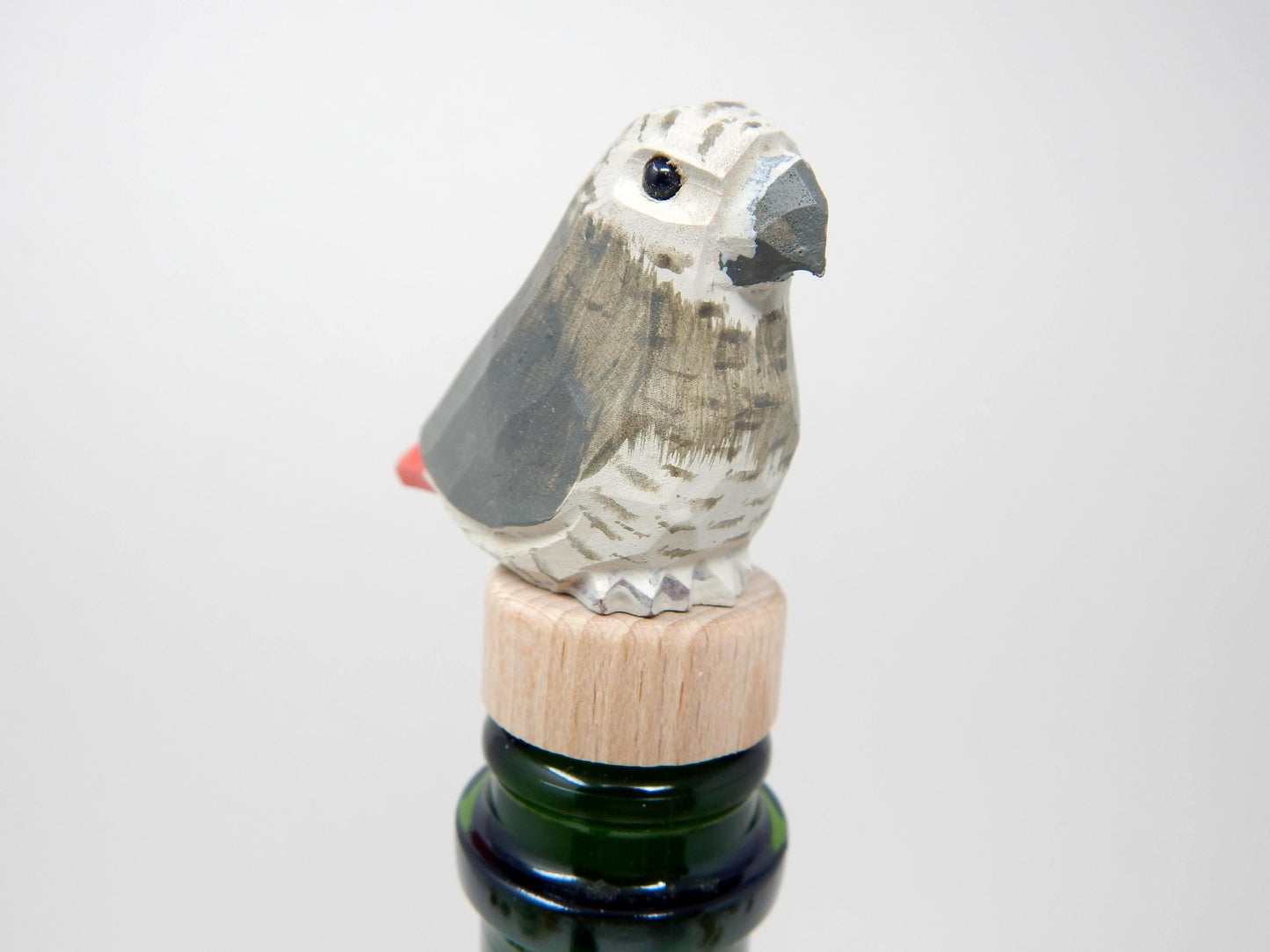 Handmade African Grey Parrot Wine Stopper – Rustic Reusable Bottle Plug