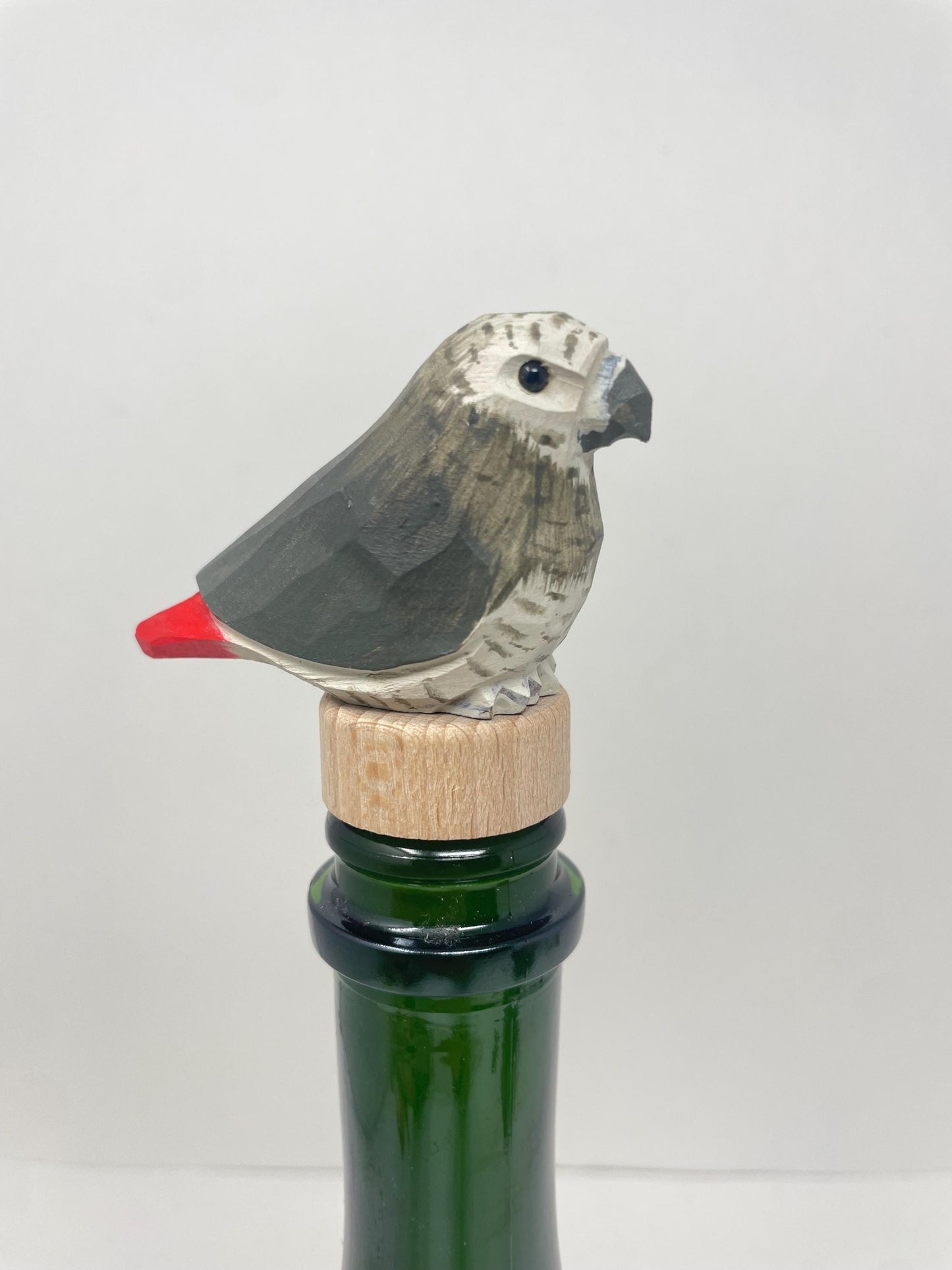 Handmade African Grey Parrot Wine Stopper – Rustic Reusable Bottle Plug