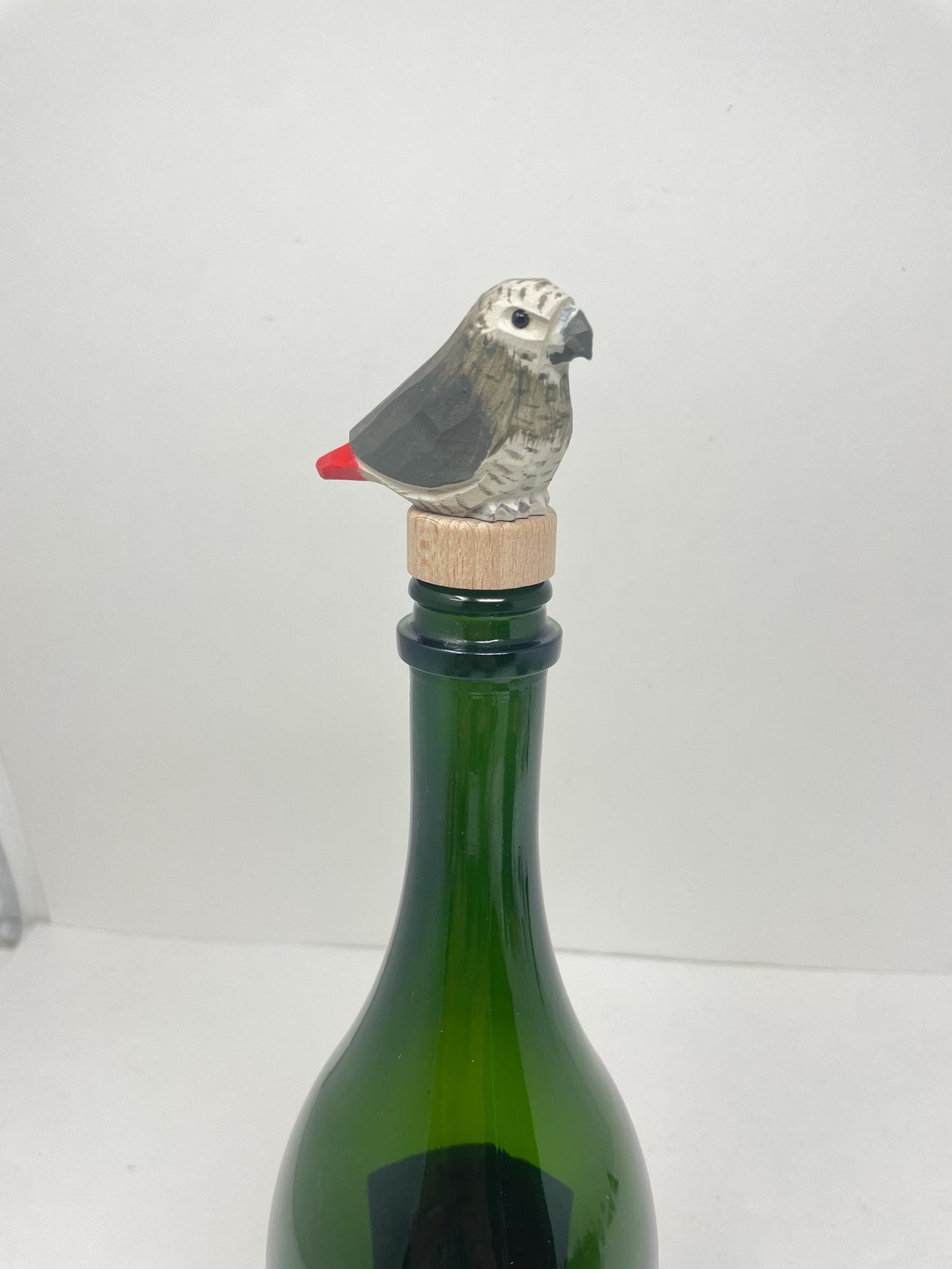 Handmade African Grey Parrot Wine Stopper – Rustic Reusable Bottle Plug