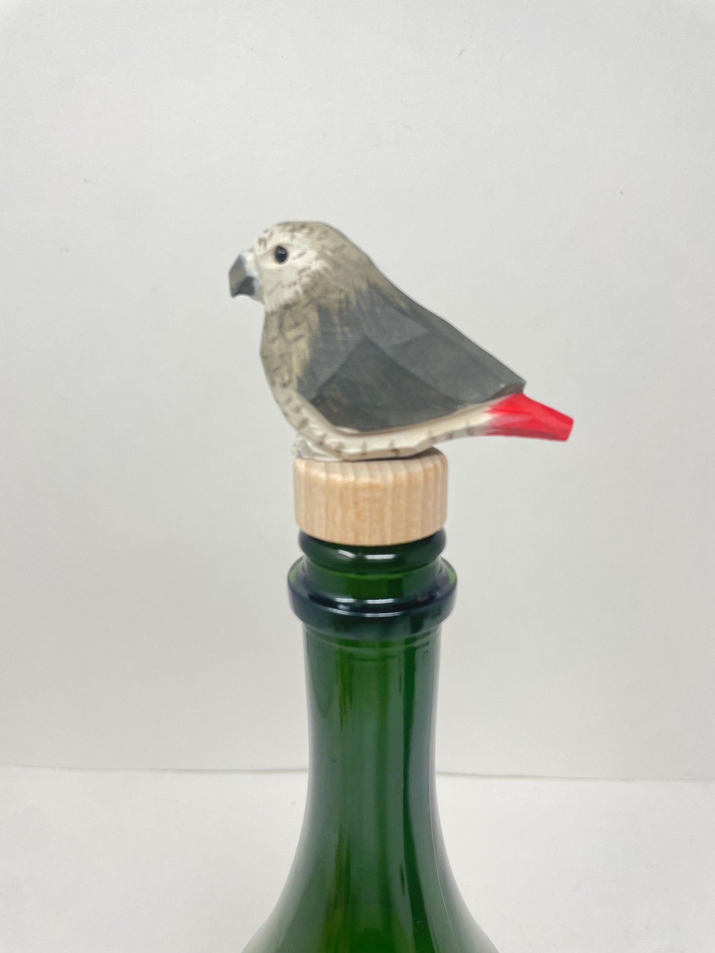 Handmade African Grey Parrot Wine Stopper – Rustic Reusable Bottle Plug