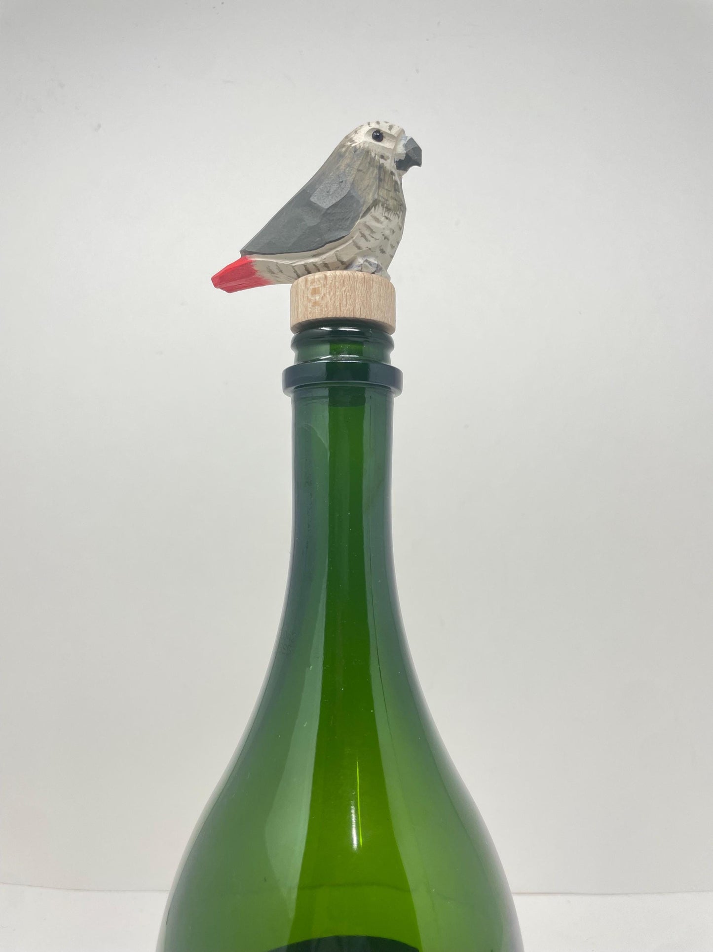 Handmade African Grey Parrot Wine Stopper – Rustic Reusable Bottle Plug
