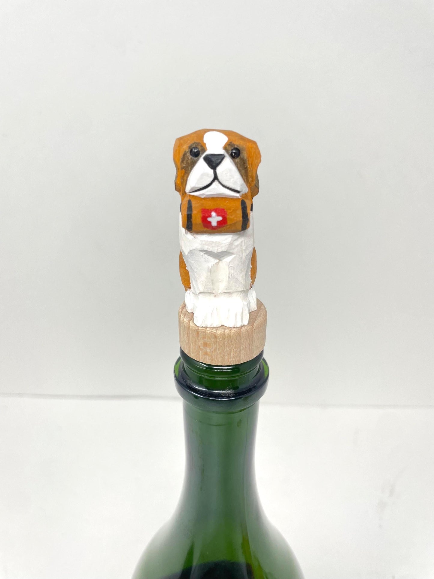 Hand-Carved Wooden St. Bernard Dog Wine Stopper – Rustic Bottle Plug