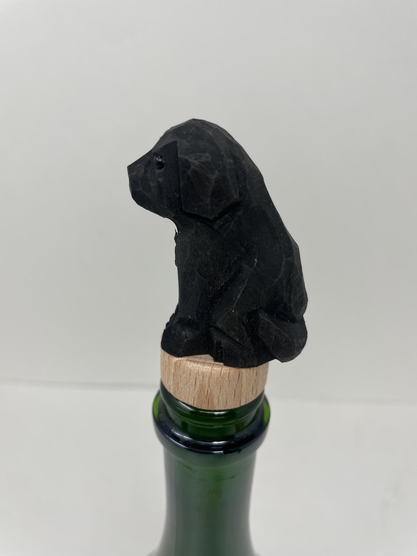 Hand-Carved Wooden Black Labrador Retriever Dog Wine Stopper – Rustic Bottle Plug