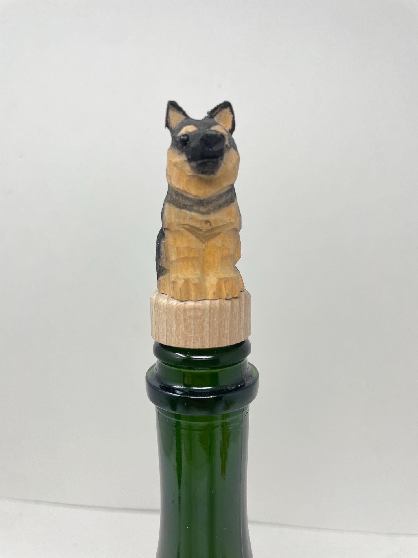 Hand-Carved Wooden German Shepherd Dog Wine Stopper – Rustic Bottle Plug