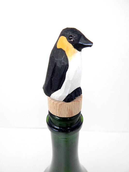 Hand-Carved Wooden Emperor Penguin Wine Stopper – Rustic Bottle Plug