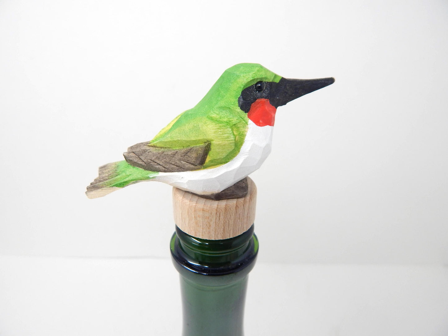 Hummingbird Wooden Figurine Wine Stopper Handmade Art Carved Small Animal Garden Statue